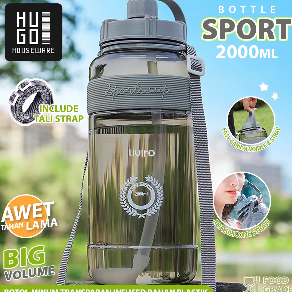 Murah nampol HUGO Botol Minum Bening 2 Liter Besar Botol Air Anak Jumbo Premium dengan Sedotan dan T