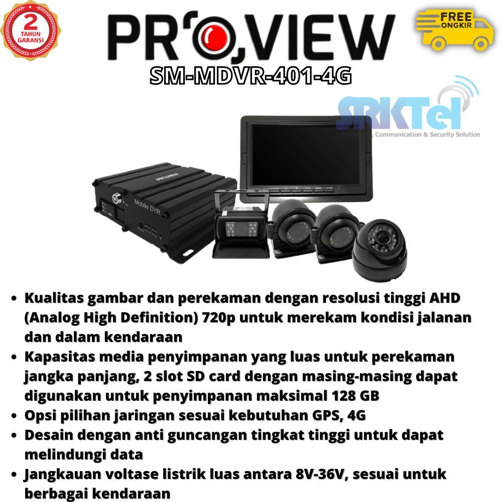 Proview SM-MDVR-401-4G Paket CCTV Mobil 4 Kamera Mobile CCTV 4CH Kit