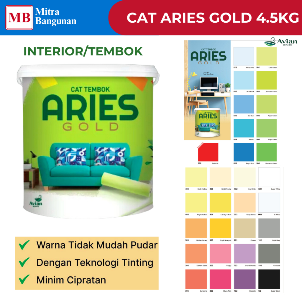 AVIAN ARIES GOLD CAT AIR TEMBOK PLAFON 5KG SEMUA WARNA PUTIH,MERAH,HIJAU,KUNING,BIRU,DLL LUAR DALAM 