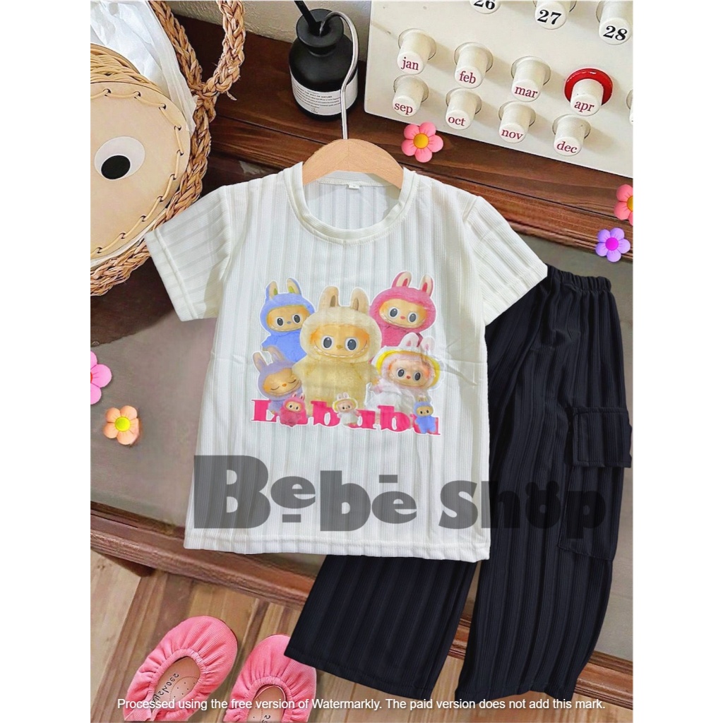 Setelan baju anak perempuan bahan Knit Hornet celan kulot  motif HI usia 1 sampai 10 tahun ala korea