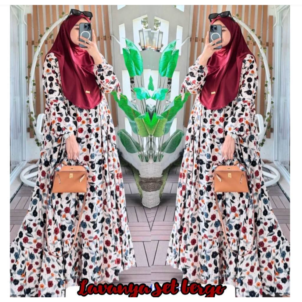 DREANA STORE -  Gamis Jumbo Lavanya Set Bergo Motif Bunga LD 120 Free Hijab Instan