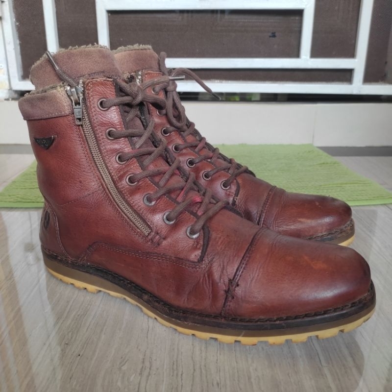 Flight Aviator Double Zipper Mid Boots Sherpa Dark Brown Leather Authentic Original Size 46 Insole 3