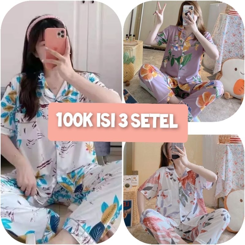 100 Ribu Dapat 3 Setel Paket Hemat Piyama Baju Tidur Wanita Kekinian Motif Bunga