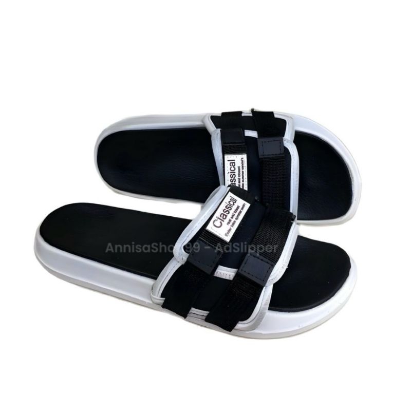 PROMO.. Sandal Pria/Wanita/Sandal slop slip on hitam putih