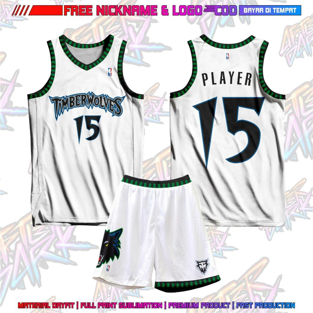 jersey baju olahraga basket TIMBER WOLVES PUTIH gratis pasang nama