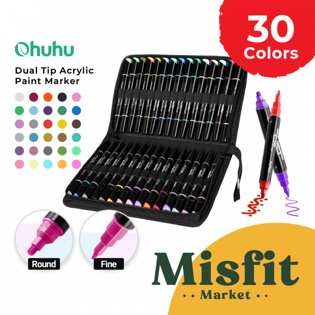

OHUHU Acrylic Dual Tip Paint Marker Pen Round & Fine 30 Colors Set Spidol Warna