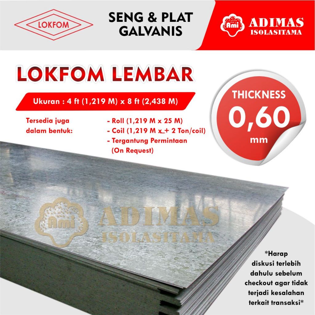 BJLS Seng Galvanis Lembar Tebal 0,6 mm 1,219 M x 2,438 M Merk Lokfom