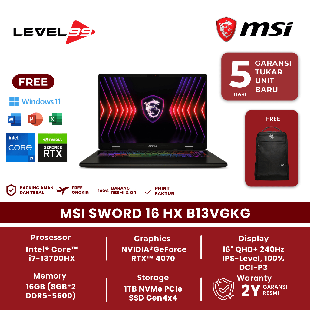 Laptop Gaming Msi Sword 16 Hx B13Vgkg-684 | I7-13700Hx 16/1Tb Rtx4070 8Gb 16"Qhd 240Hz W11+Ohs