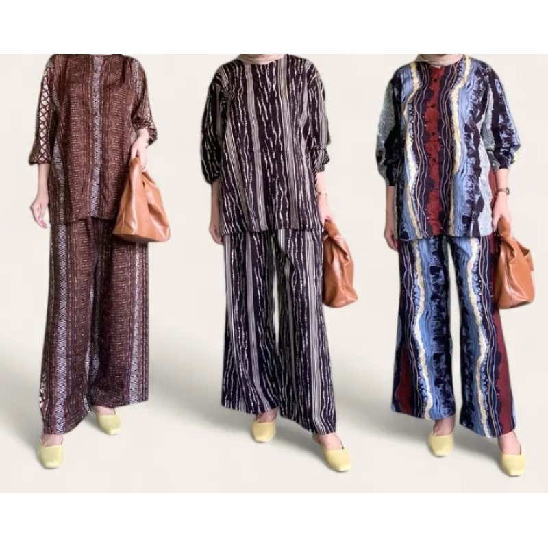 Setelan Kemeja Celana One Set Wanita Baju Dan Celana Panjang Kulot Katun Rayon Motif