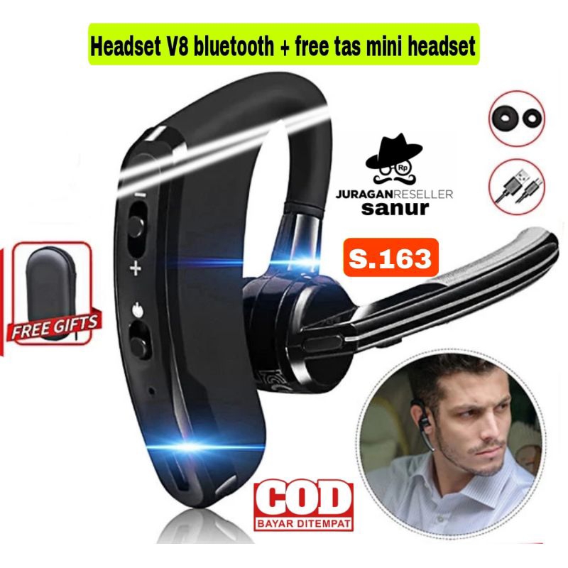 Headset V8 bluetooth with long mic 8D Bass wireless earphone 5.0 single