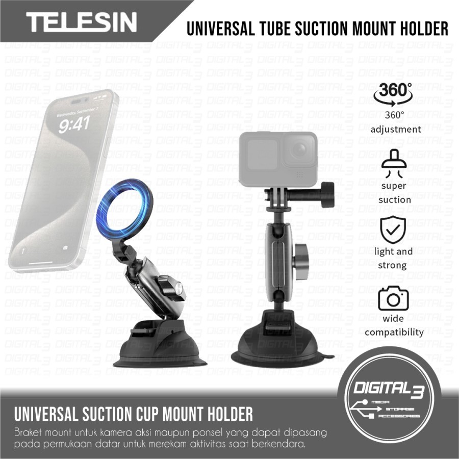Telesin Suction Cup Clamp Mount Car Phone Holder Mobil Screw Magnetic Universal Phone Action Cam Gop