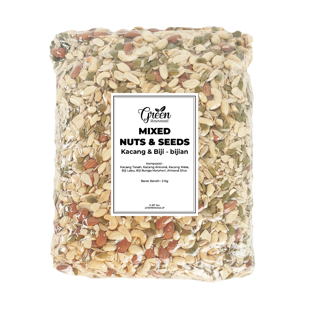 

TRAIL MIX GREEN ROSEWOOD 3 KG/MIXED NUT ORGANIC 3000 GR/roasted mixed nut premium 3000 GRAM/trail mix cemilan sehat (Pumpkin seed panggang,kacang kupas panggang,mete panggang,almond slice panggang,almond panggang)