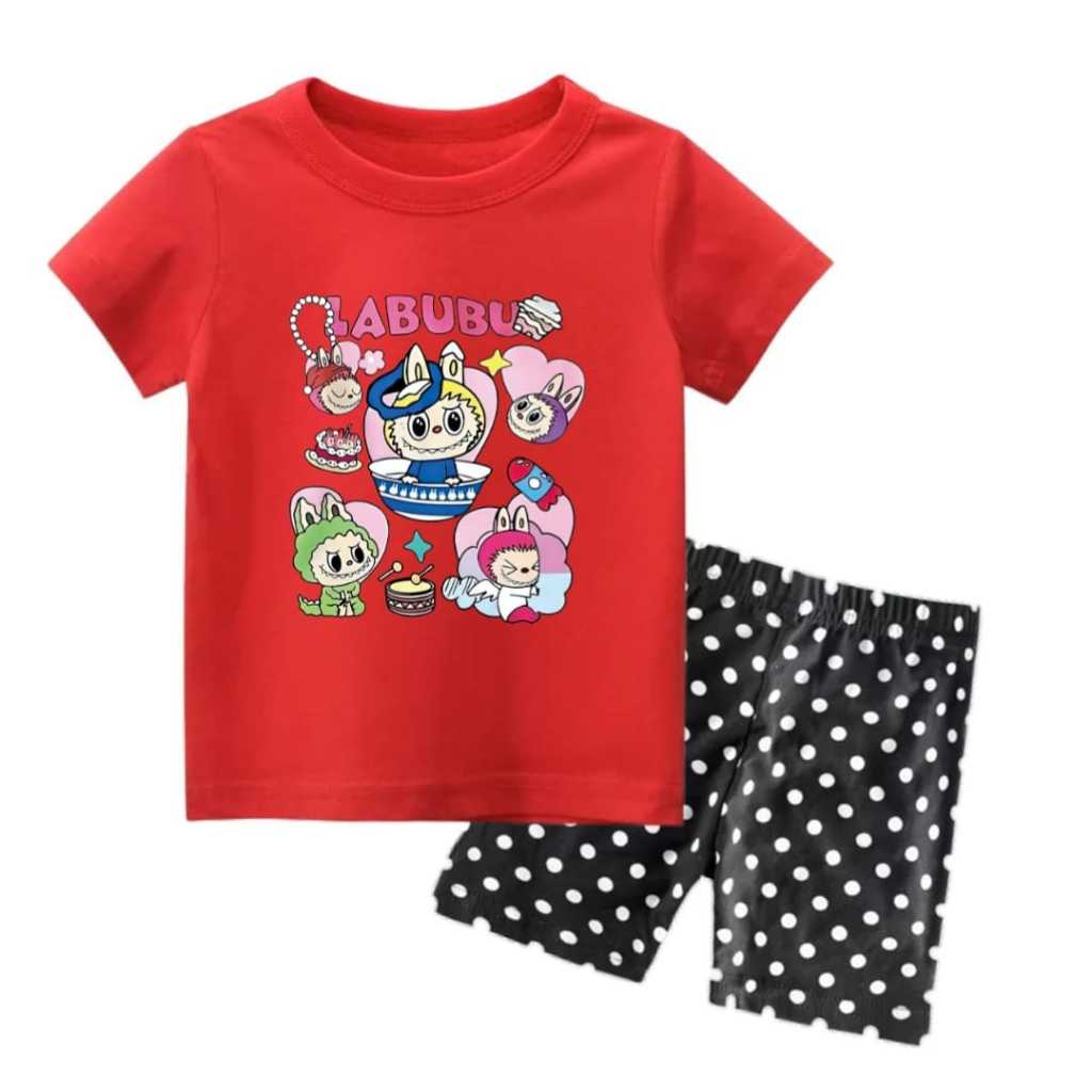 Baju Kaos Set Lengan Pedek Anak Cewe Kaos Lengan Pendek Anak Perempuan Motif Labubu Drum