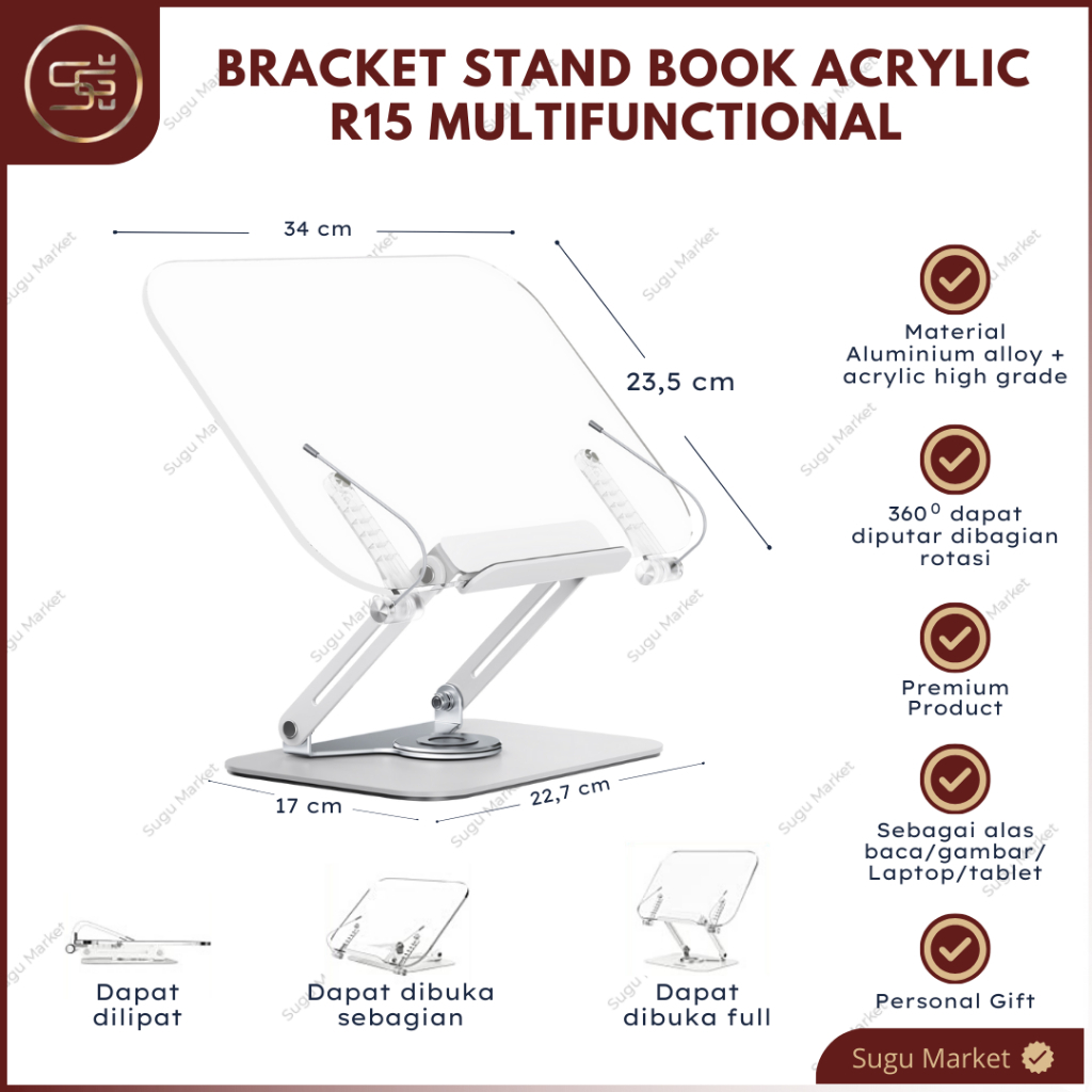 

Penyangga Buku Akrilik R15 Book Stand Reading Holder Ipad Tablet 360 Derajat