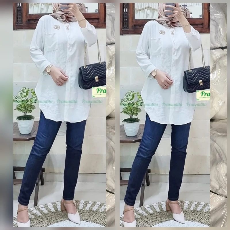 Kemeja Putih Panjang Bahan Crinkle