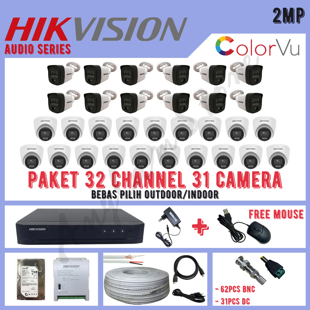 Paket CCTV Hikvision ColorVu 2MP 32 Channel 31 Kamera ColorVu Turbo HD 1080P Audio Series
