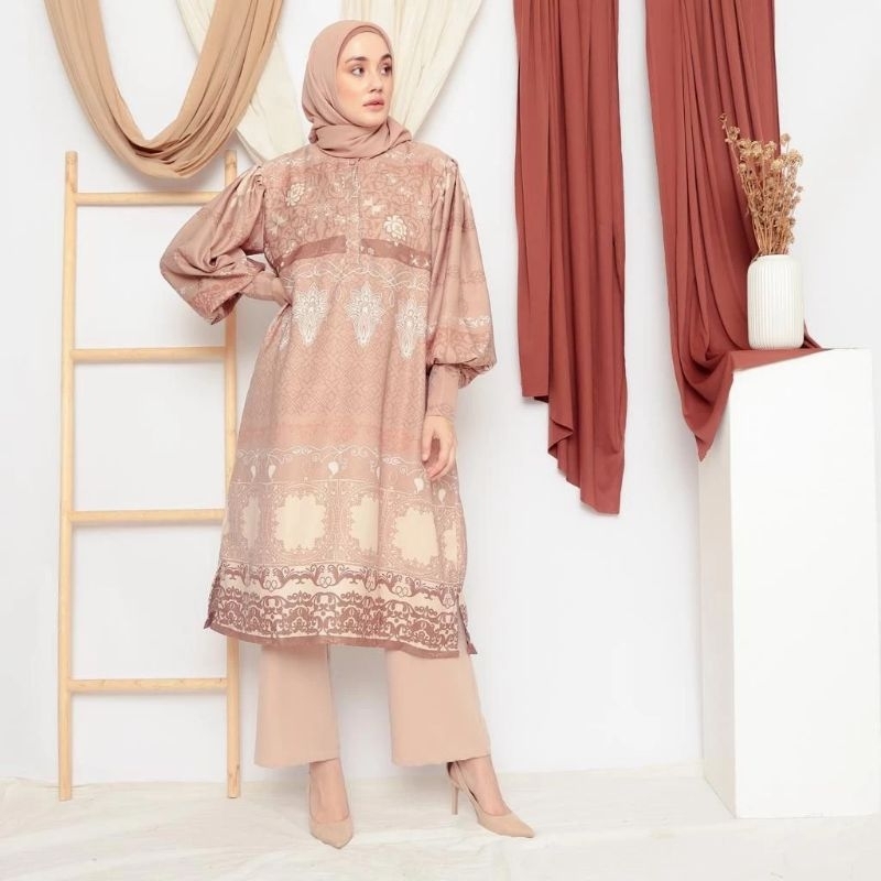 Amoora Series Long Tunik Motif Etnik | Tunik Silk Premium (free hijab polos warna random)