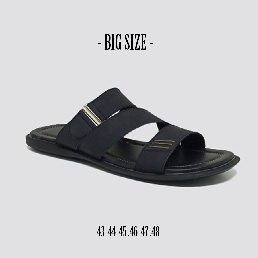 Sandal Flat Selop Kulit Asli Premium Sandal Pria Dewasa Ukuran Jumbo 44-45-46-47-48 AJG 09 Black