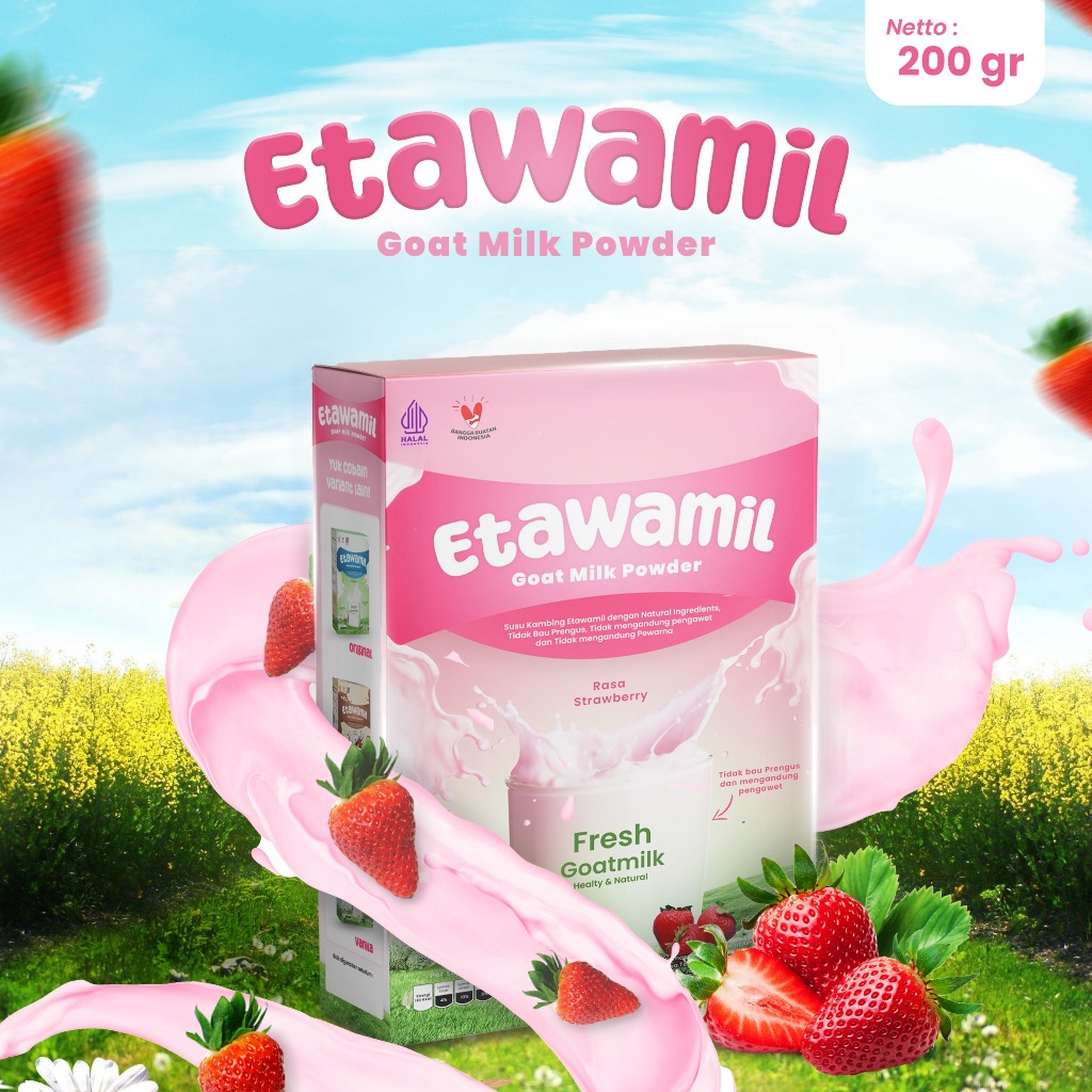 

Susu Kambing ETAWAMIL Bubuk - Susu Etawa Rasa Strawberry Stoberi Halal BPOM 200 gram