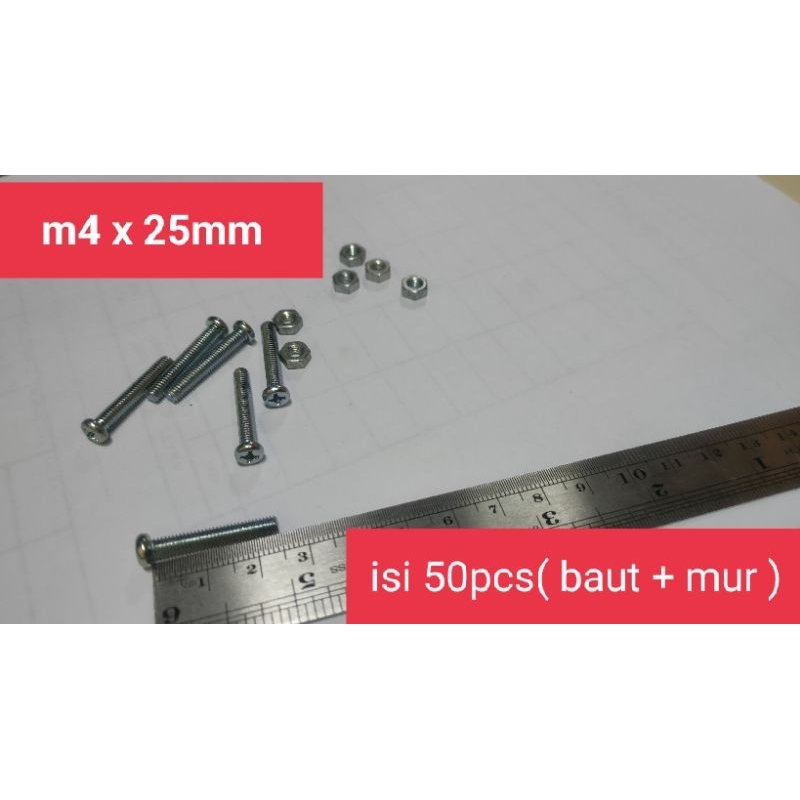 Baud baut m4 x 25mm + mur JP galvanis putih  / baut pentol pan machine screw obeng plus