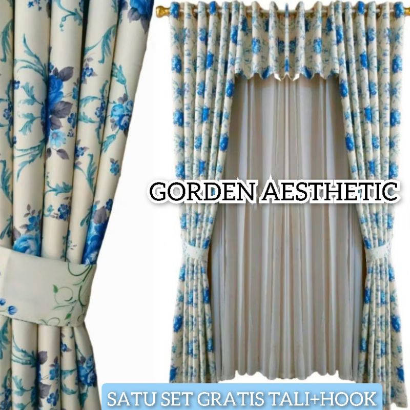 Gorden Satu Set Lengkap Poni Rumbai Kristal Bahan Blackout Sabycick Biru Terbaru