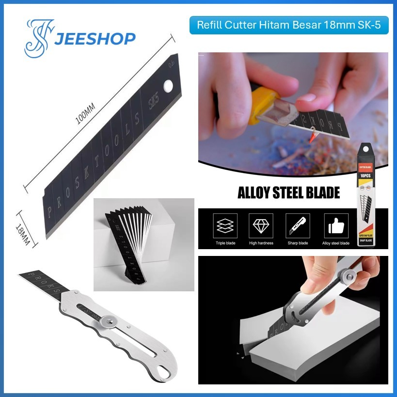 

(Isi 10pcs) Isi Ulang Cutter Hitam Besar 18mm SK5 Refill Cutter Tajam 18mm Stainless