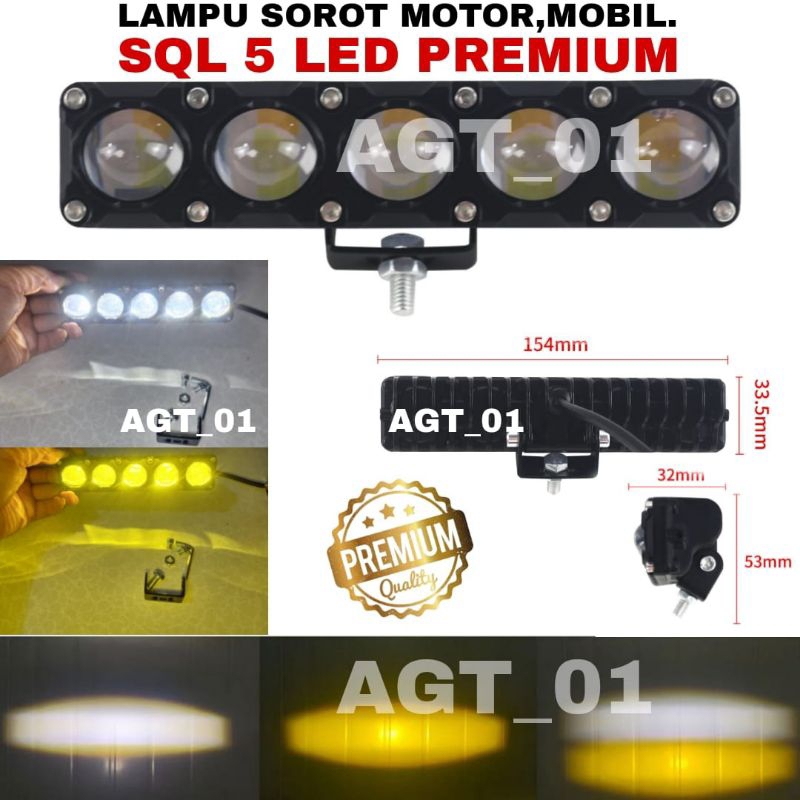 LAMPU SOROT LAMPU TEMBAK MOTOR DAN MOBIL 5 MATA SQL PREMIUM SUPER TERANG CAHAYA KUNING PUTIH ANTI AI