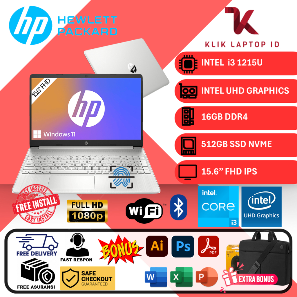 LAPTOP TERBARU HP 15 INTEL CORE i3 RAM 16GB 512GB SSD 15 INCH WIN11 HOME