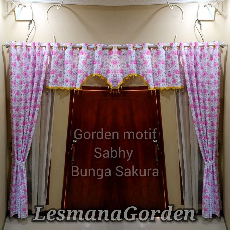 Gorden satu set lengkat poni pintu jendela minimalis motif bunga sakura