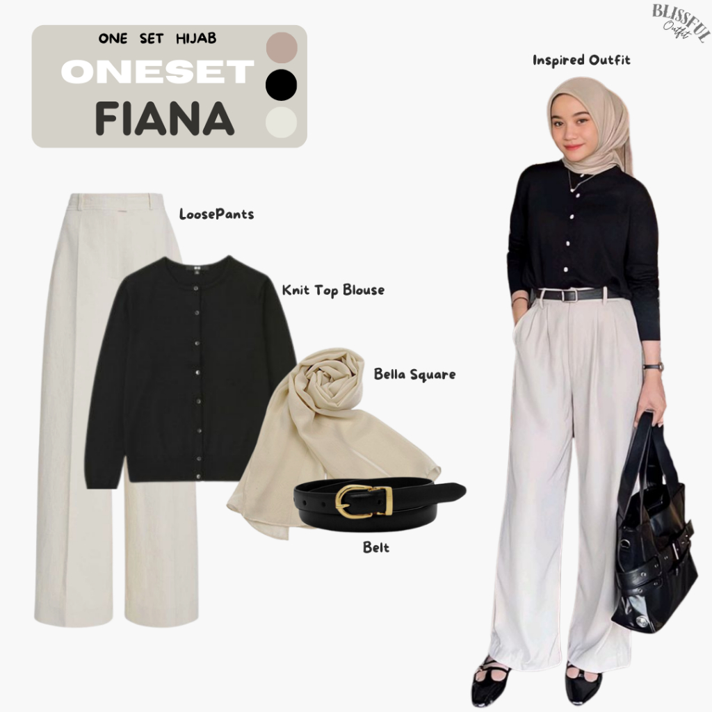 FIANA One Set Outfit Wanita + Knit Top Blouse + Celana Loosepants + Bella Square + Belt + OOTD Hijab