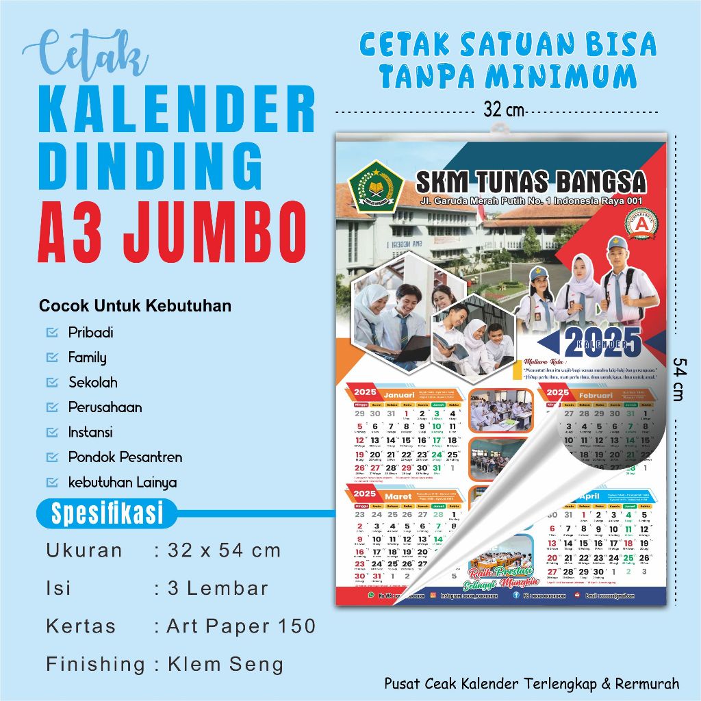 Kalender Dinding 2025 ( JUMBO 32 x 54 cm - 3 LEMBAR ) Custom Desain