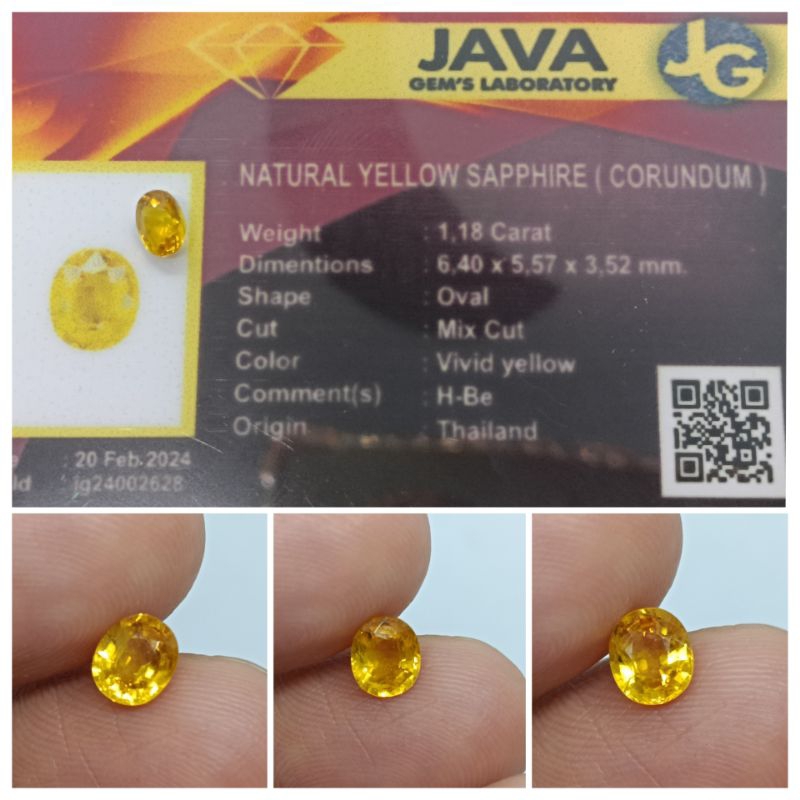 Natural Yellow Sapphire Thailand 1,18ct Top Kristal HQ memo GLI Safir Bagus