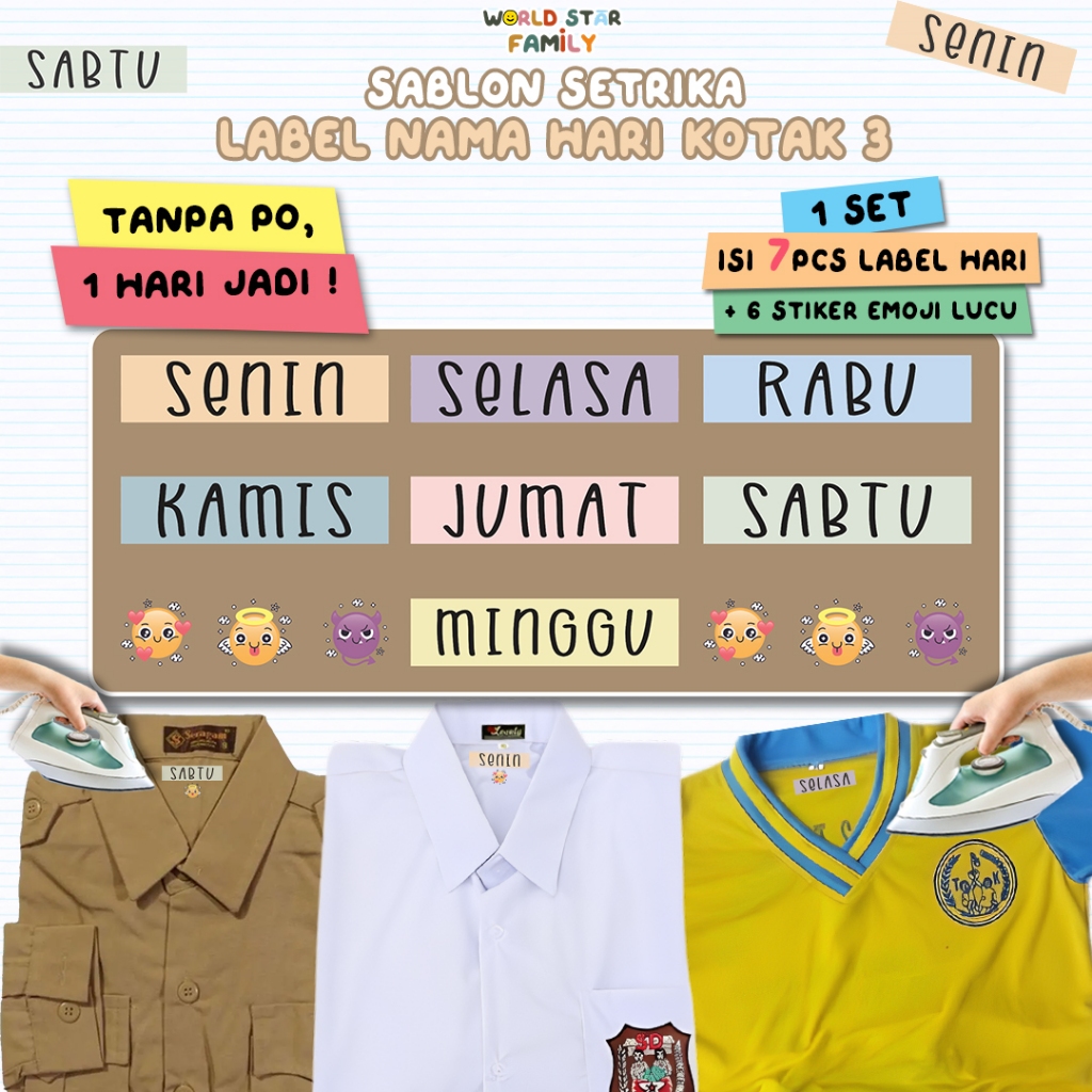 

WSF Stiker Kain Nama HARI HARI SET Souvenir Ulang Tahun Sablon setrika Stiker label STIKER LABEL BAJU MURAH Sablon DTF LABEL KAIN Label seragam sekolah