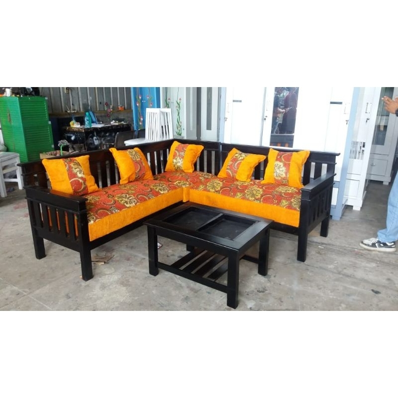 SOFA L KAYU MINIMALIS+MEJA KERANG / SOFA SUDUT L KAYU MINIMALIS
