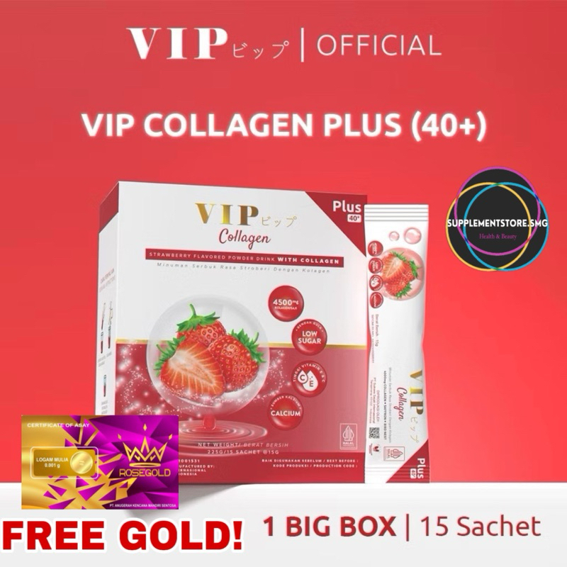 

(FREE GOLD!) 1 BOX 15 Sachet VIP Collagen Premium Plus 40+ Collagen 4500 mg + L-Glutathione + Bird Nest | Pemutih Badan | Collagen Pemutih badan