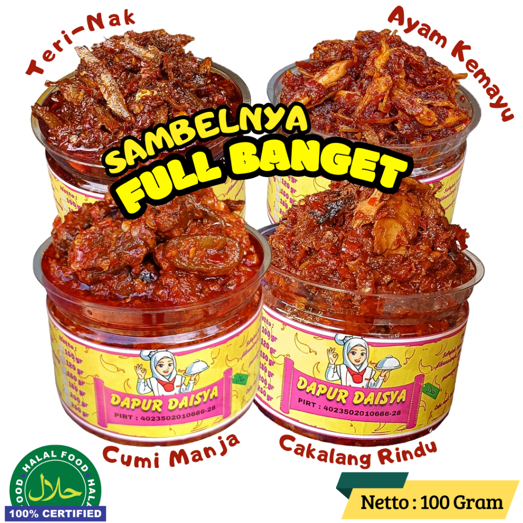 

(100 GRAM) SAMBAL CUMI-TERIMEDAN-PARU-CAKALANG-TUNA-UDANG-BAWANG-OSENG-MERCON-AYAM-SUWIR-TERASI-PEDA-ROA-SAMBEL-BABY