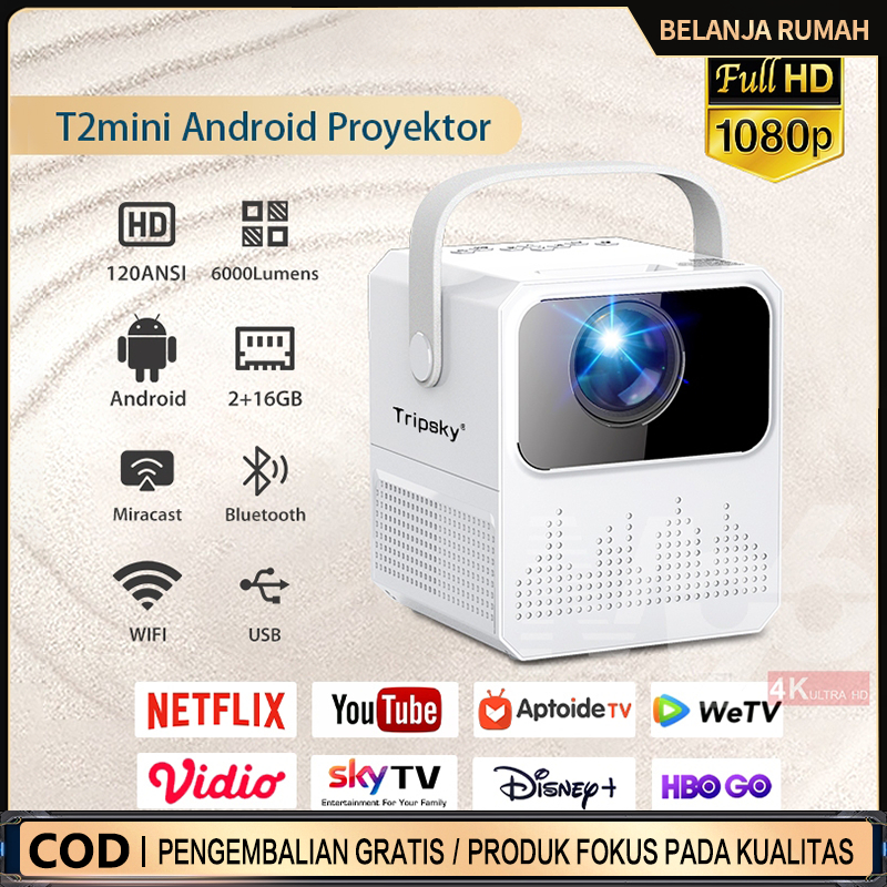 Android Proyektor TV T2mini 6000 Lumen 4K HD Bluetooth Smart Projector Android 9 2G+16G Mirroring HP