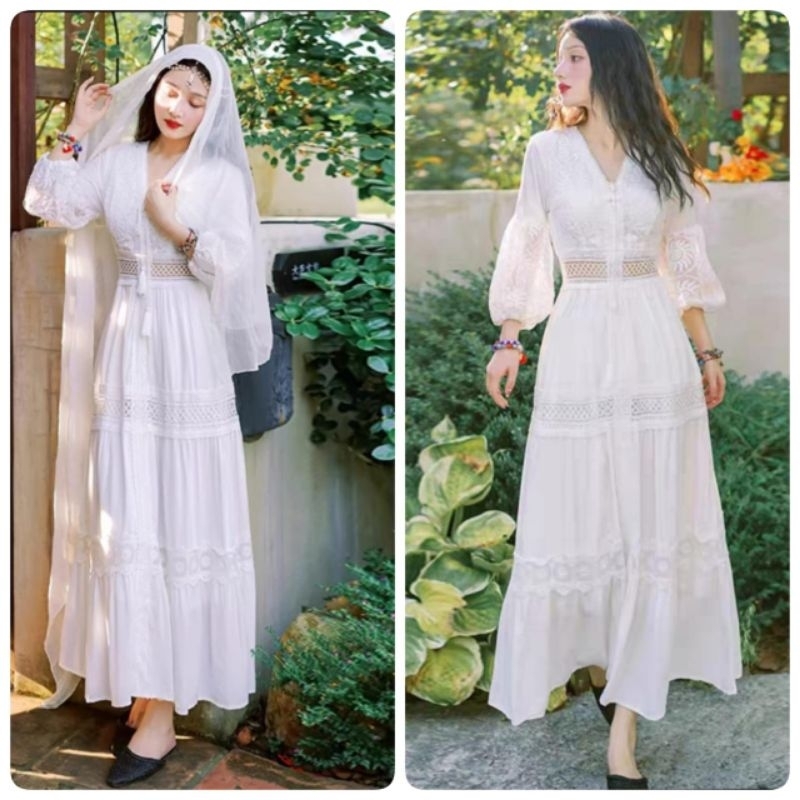 91170 Baju Mididress longdress AYUNDA TIERED BOHO MAXI DRESS Vneck putih polos dres Korean style wan