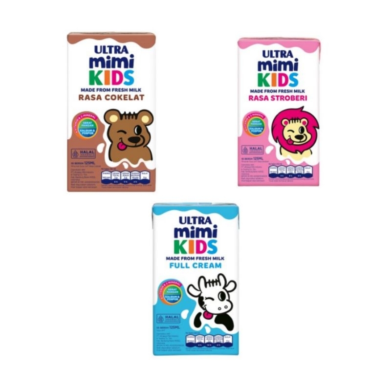 

Ultra Mimi Kids Susu UHT Full cream, Stroberi, coklat Kotak 125 ml