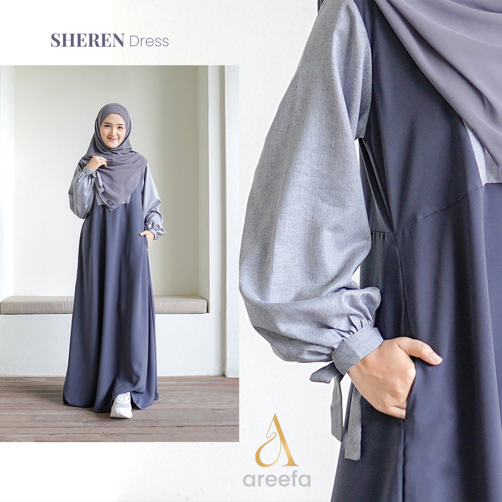 Areefa | Gamis Wanita Remaja Kekinian Terbaru SHEREN Dress Gamis Muslim Polos Kombinasi 2 Warna