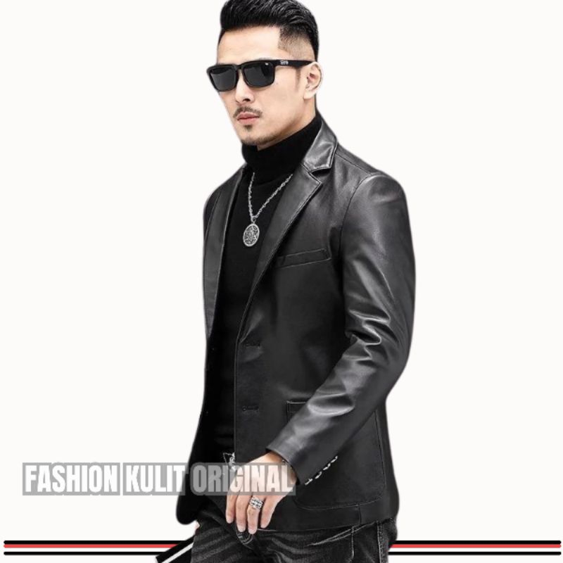 Jas Blazer Pria Model Safari, 100% Kulit Domba Original, Jaket Formal Pria Slimfitt, Bisa COD