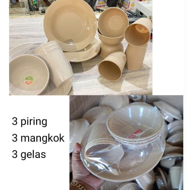 1 set piring plastik besar 3 piring 3 gelas 3 mangkok