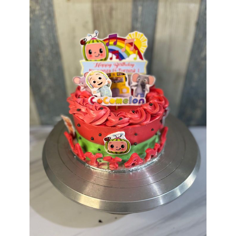 

kue ulang tahun coco melon / tart cocomelon / caketart bronis / cake tart karakter anak cocomelon