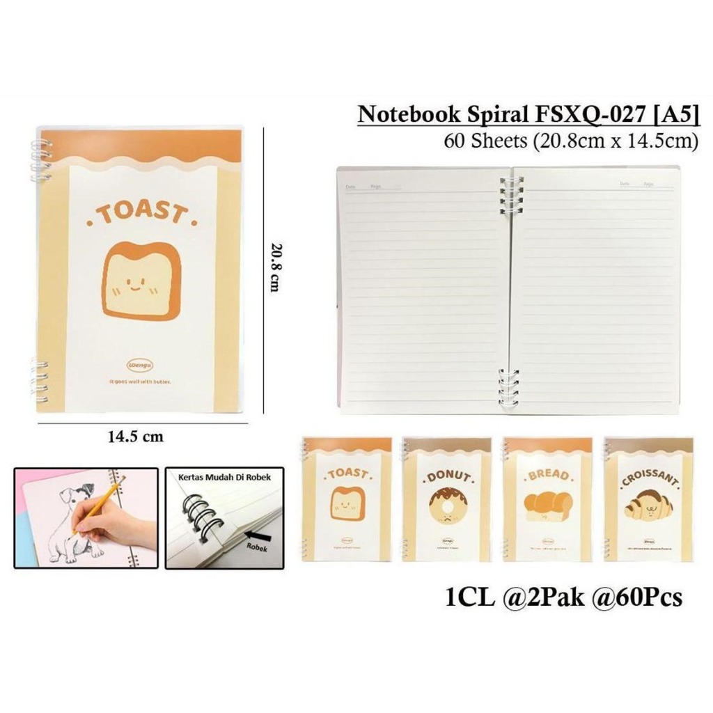 

WENGU NOTEBOOK SPIRAL RING COVER TOAST - BUKU CATATAN SPIRAL 60 LEMBAR Fsxq-027-A5