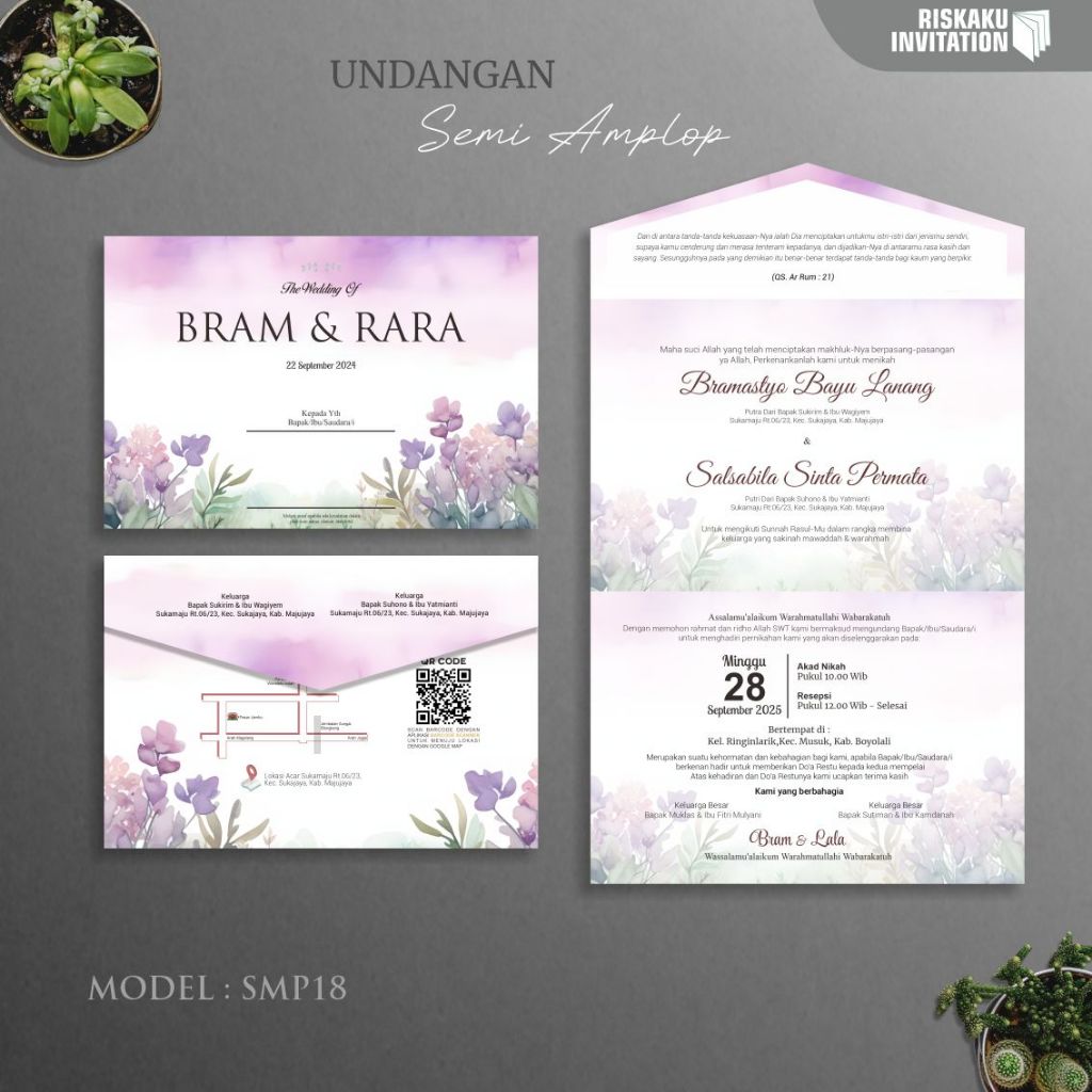 Undangan Pernikahan Aesthetic Model semi Amplop Warna Ungu, Mewah