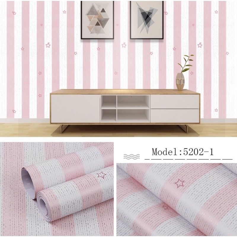 Wallpaper dinding termurah motif salur bintang pink