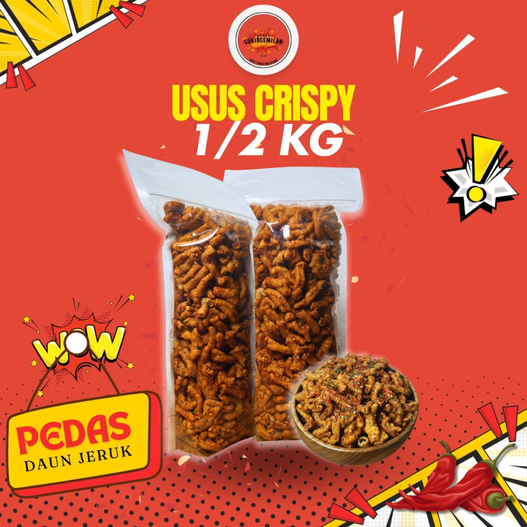 

Promo!!! Keripik Usus Ayam Crispy Pedas Daun Jeruk 1/2kg