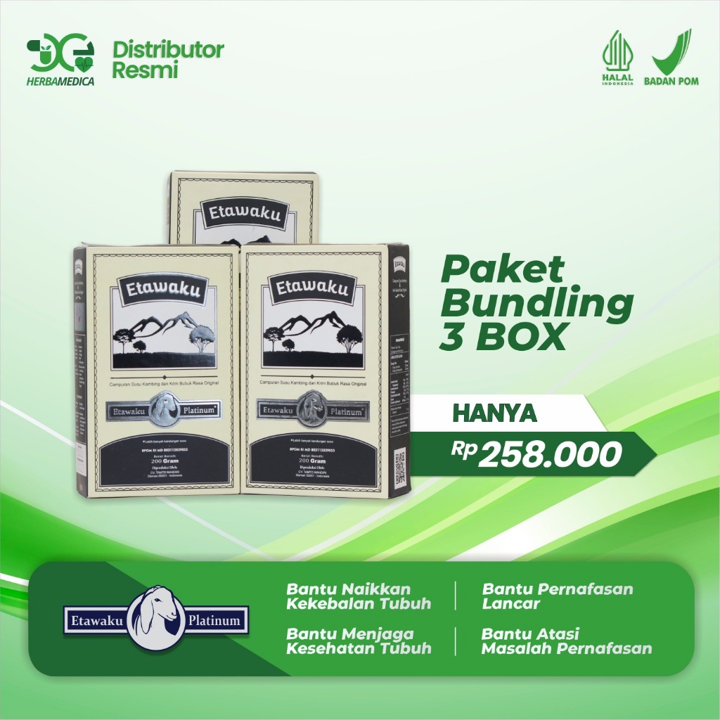 

Paket 3 Box Etawaku Platinum - Susu Berkhasiat Menyembuhkan Asma Sesak Nafas Menjadi Lega Hanya Minum 2x Sehari Mengatasi Diabetes Obesitas Atasi Sistem Pernapasan Pernafasan Asma Bronkhitis Sesak Napas Nafas Tingkatkan Kekebalan Obat Ama Obat Diabetes