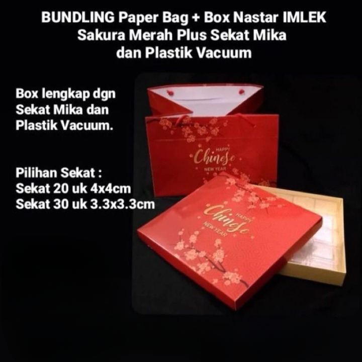 

Paper Bag + Box Nastar Motif Imlek Sakura Merah Plus Sekat Mika Dan Plastik Vacuum Ukuran Box 22x19x3cm
