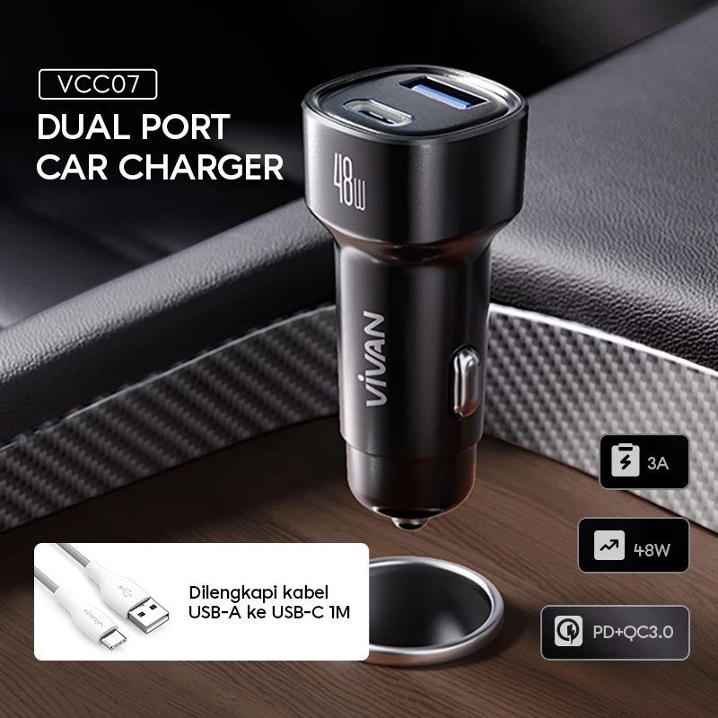 VIVAN VCC07 CAR CHARGER MOBIL PORT TYPE-C & USB OUTPUT 3A 20W QC 3.0 PD FAST CHARGING COLOKAN CASAN 